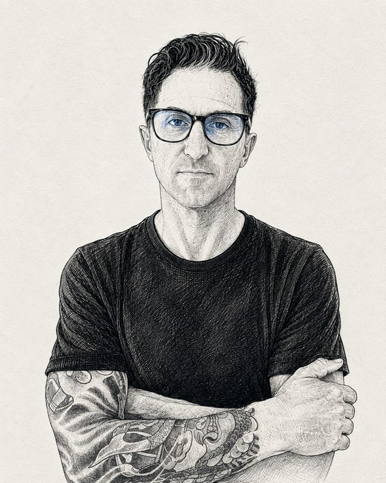 Illustrated portrait of Chris Mayer
